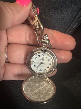 Silver Pocket Watch Keychain with White Dial